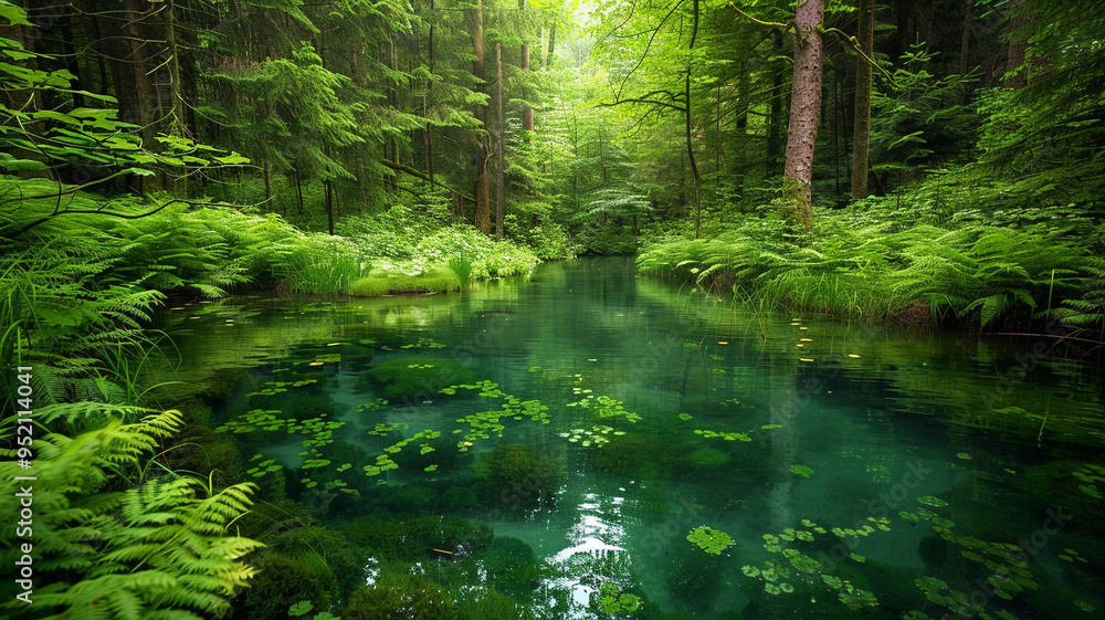 Obraz premium a peaceful forest glade with a crystal-clear pond surrounded by lush greenery