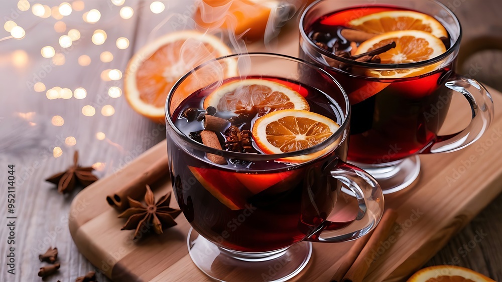 Close up view of mulled wine in glasses with orange pieces and spices on wooden surface with bokeh lights on backdrop Close up view of mulled wine in glasses with orange pieces and spices on wooden surface with bokeh lights on backdrop