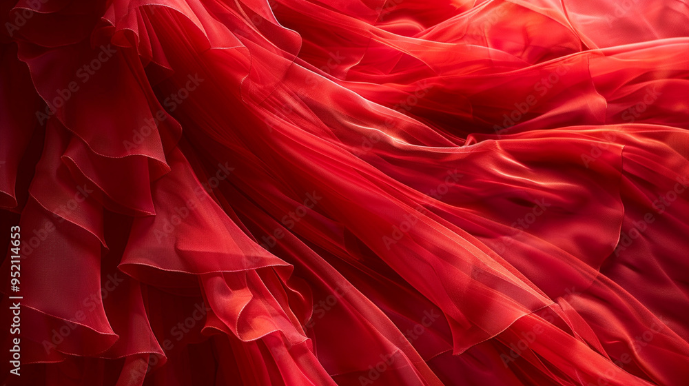 A close-up of the skirt of a red dress in motion, with the fabric swirling and creating dynamic lines. A close-up of the skirt of a red dress in motion, with the fabric swirling and creating dynamic lines.