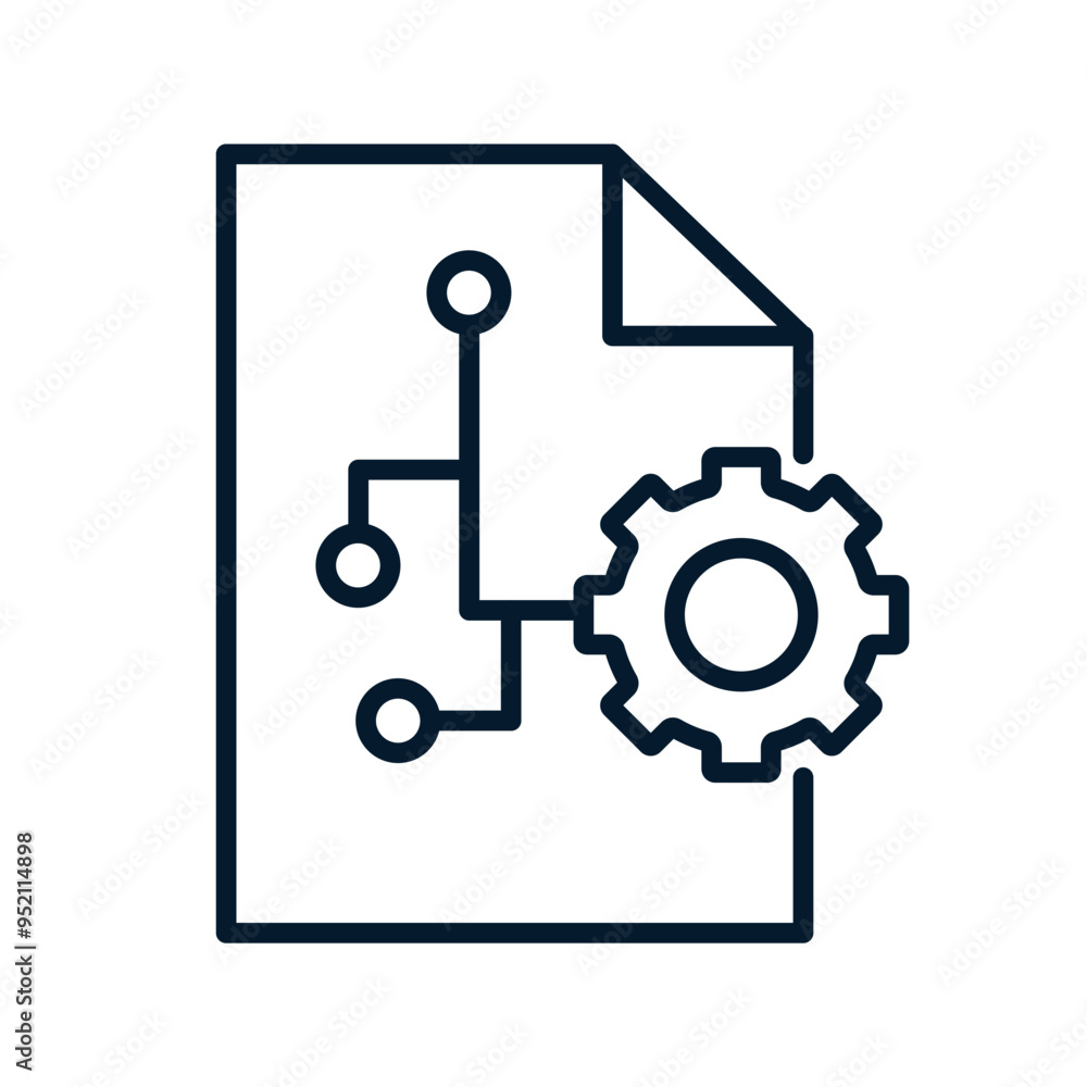 Document, gear, circles, lines. The concept represents a multifunctional technology for processing, structuring and integrating data. Vector icon isolated on white background. Document, gear, circles, lines. The concept represents a multifunctional technology for processing, structuring and integrating data. Vector icon isolated on white background.