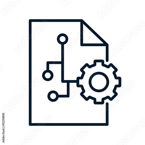 Document, gear, circles, lines. The concept represents a multifunctional technology for processing, structuring and integrating data. Vector icon isolated on white background.