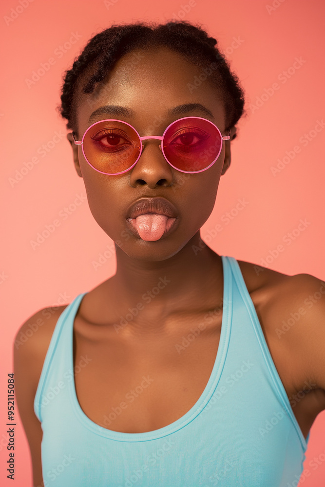 Close-up portrait of a woman wearing pink sunglasses and sticking out her tongue against a peach background. Bold, fun, and vibrant fashion statement with a playful twist. Close-up portrait of a woman wearing pink sunglasses and sticking out her tongue against a peach background. Bold, fun, and vibrant fashion statement with a playful twist.