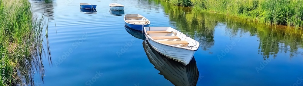 Peaceful river with small boats gently floating, a scene of calm and quiet reflection, ideal for relaxation Peaceful river with small boats gently floating, a scene of calm and quiet reflection, ideal for relaxation
