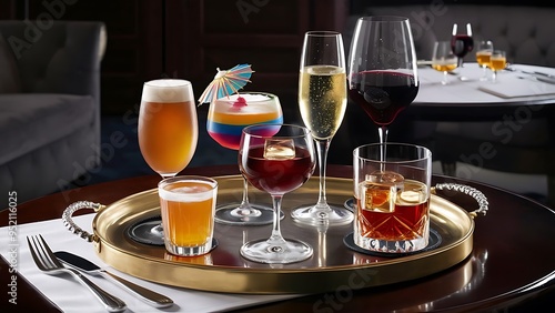 Different alcohol drinks on a tray -beer,cocktail,champagne,wine,whiskey photo