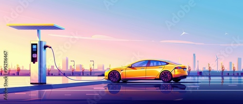 Wallpaper Mural A vibrant sunset scene featuring an electric car charging at a modern station, symbolizing eco-friendly transportation. Torontodigital.ca