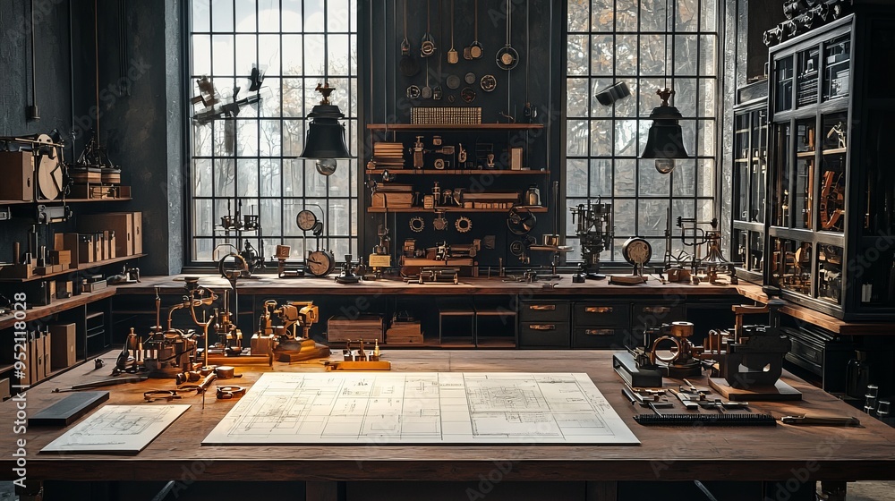 Steampunk inventor's workshop filled with mechanical devices and blueprints Steampunk inventor's workshop filled with mechanical devices and blueprints