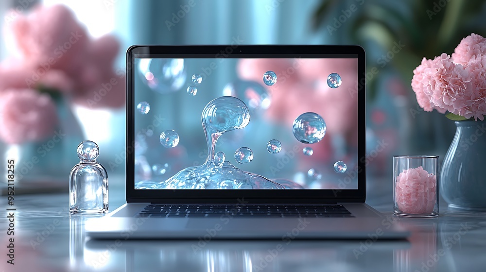 Fototapeta premium Laptop with water drops on the screen, pink flowers and glass objects on the table.
