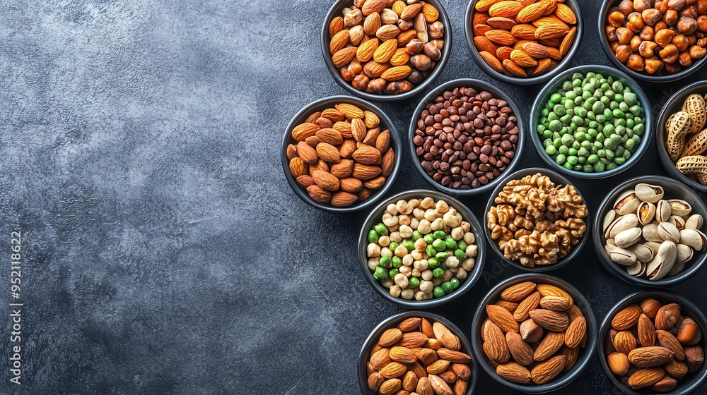 A selection of nuts and seeds in small bowls A selection of nuts and seeds in small bowls