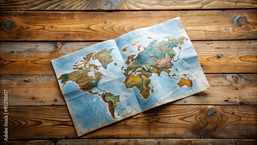 A world map is laid out on a rustic wooden table, showcasing a vivid representation of continents and oceans, illuminated by natural light