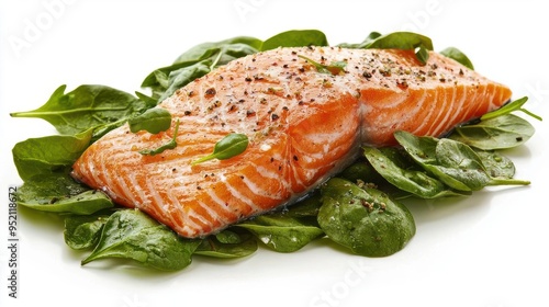 A fillet of wild-caught salmon on a bed of leafy greens photo