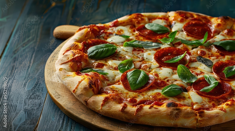 Delicious pepperoni pizza topped with fresh basil on a wooden serving board, perfect for food lovers and culinary enjoyment. Delicious pepperoni pizza topped with fresh basil on a wooden serving board, perfect for food lovers and culinary enjoyment.