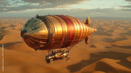 Steampunk zeppelin flying over a vast desert landscape photo