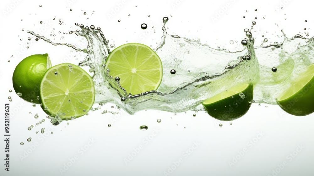 Splash of water and few green limes on white background. Neural network ai generated art Splash of water and few green limes on white background. Neural network ai generated art
