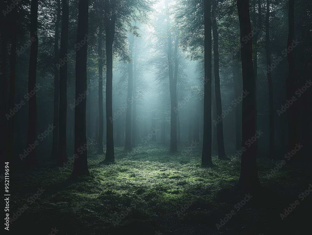 Naklejka premium The light shining through the trees in mystic forest