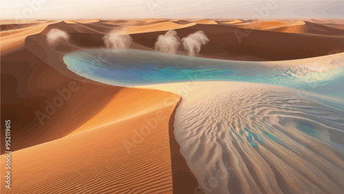Pond in the desert filled with water and water evaporating as steam.