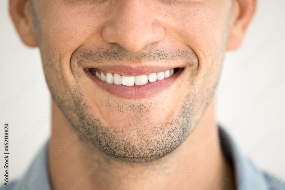 Close up of male toothy smile, shaved chin with stubble, lower face of young model guy. Dental care patient smiling, opening white healthy teeth, promoting stomatology service, dentistry, whitening Close up of male toothy smile, shaved chin with stubble, lower face of young model guy. Dental care patient smiling, opening white healthy teeth, promoting stomatology service, dentistry, whitening