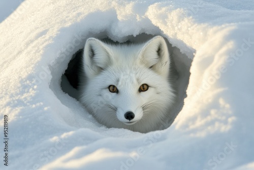 Arctic Fox Peeking From Snowy Burrow photo