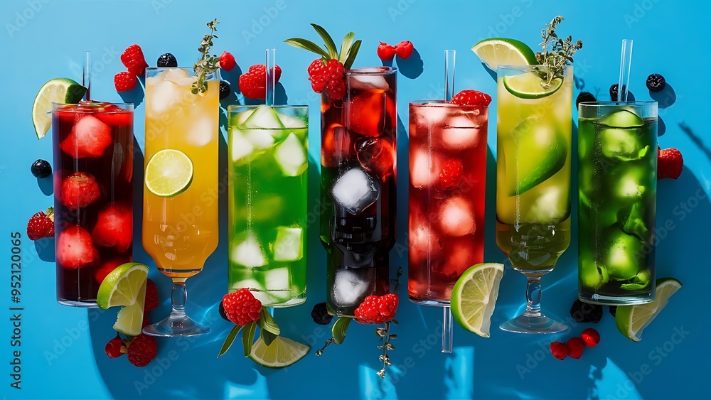 Obraz premium Cocktails drinks. Classic alcoholic long drink or mocktail highballs with berries, lime, herbs and ice on blue background