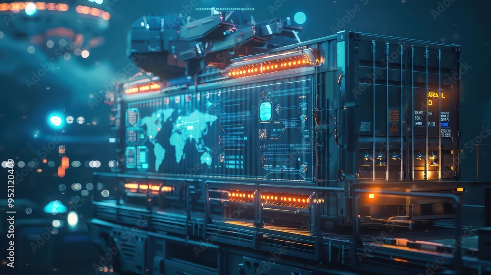 Futuristic cargo container with glowing panels and a world map, showcasing advanced technology in a sci-fi environment. Futuristic cargo container with glowing panels and a world map, showcasing advanced technology in a sci-fi environment.