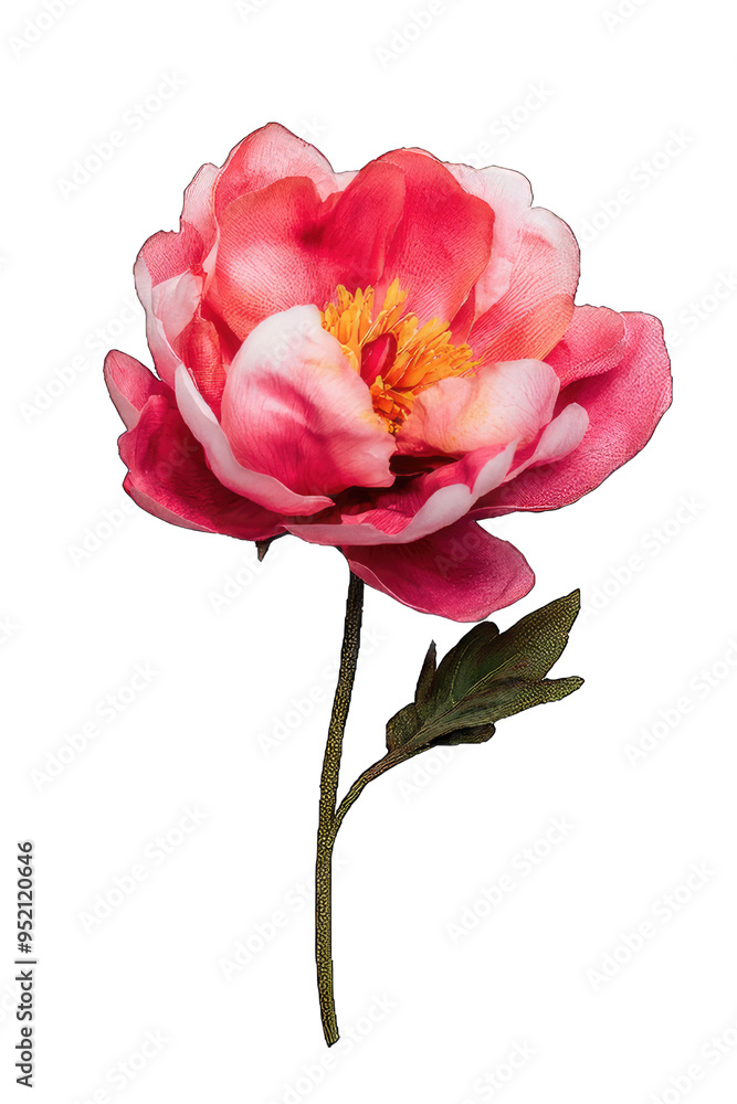 Obraz premium A vibrant peony flower in shades of pink, showcasing delicate petals and a lush green stem, perfect for floral arrangements.
