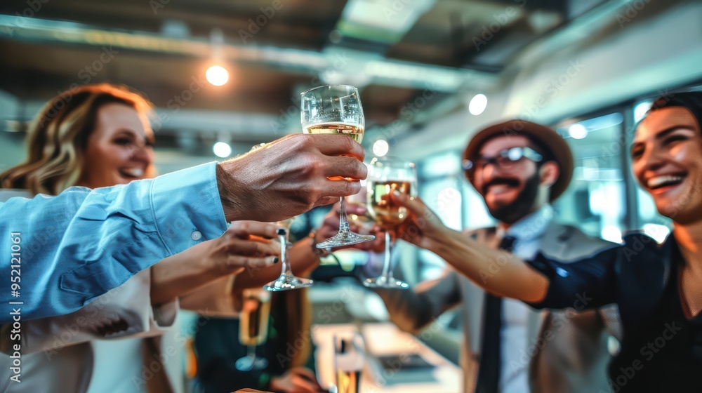 Group of friends celebrating with glasses raised in a toast, showcasing joy and camaraderie in a vibrant setting. Group of friends celebrating with glasses raised in a toast, showcasing joy and camaraderie in a vibrant setting.