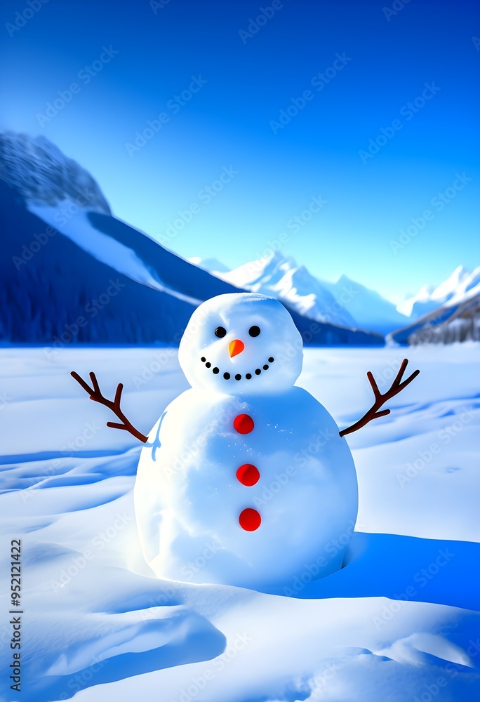 Abstract illustration of a snowman in an idyllic snowy winter landscape Abstract illustration of a snowman in an idyllic snowy winter landscape