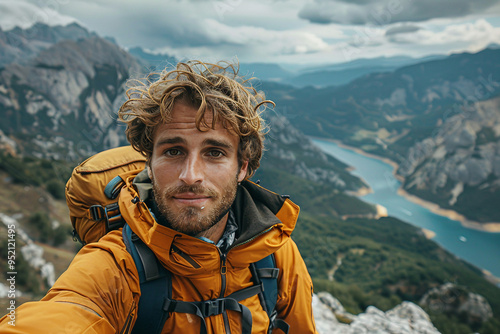 Ai generated picture of tourist in mountain taking selfie photo