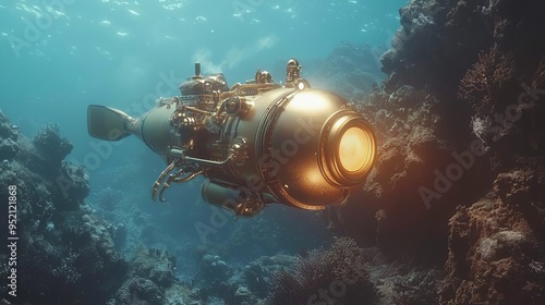 Steampunk-inspired submarine exploring the deep sea
