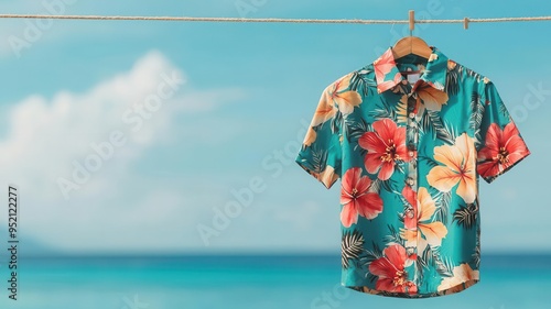 Hawaiian shirt with an explosion of vibrant colors and tropical motifs, hanging on a clothesline with the ocean in the background, capturing a carefree island atmosphere photo