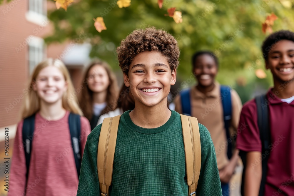 Smiling diverse group of students wearing backpacks Smiling diverse group of students wearing backpacks