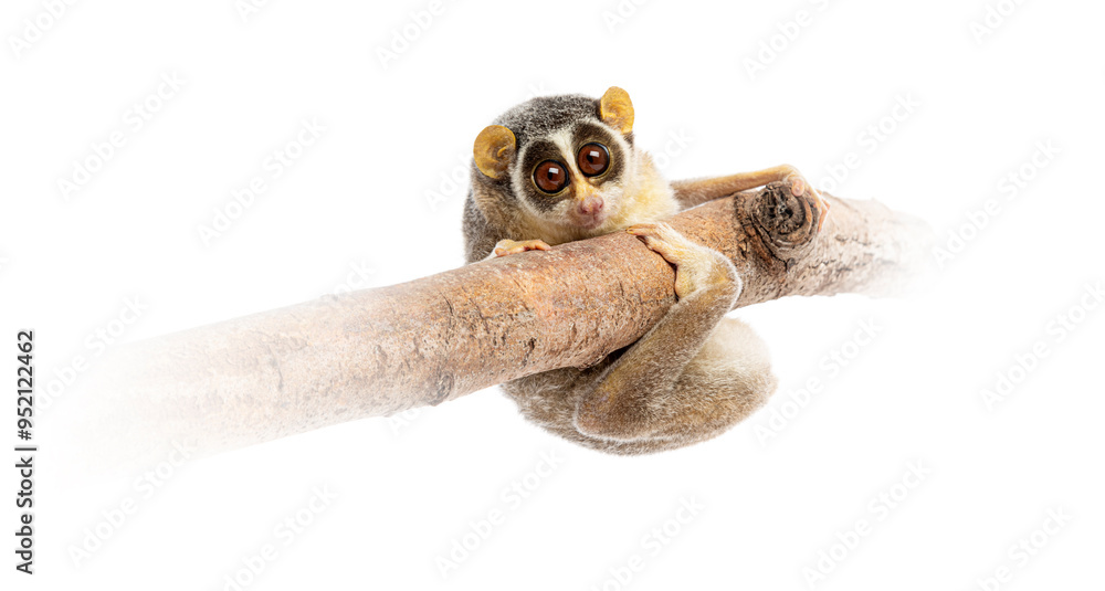 Obraz premium Gray slender loris, Loris lydekkerianus, carefully balancing on a branch, its large eyes gazing intently