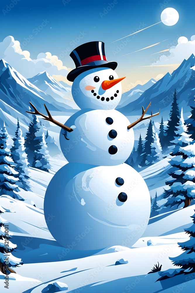 Obraz premium Abstract illustration of a snowman in an idyllic snowy winter landscape