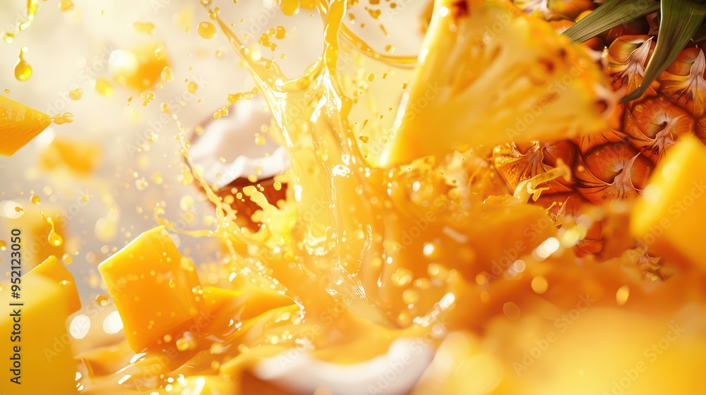 Vibrant splash of fresh pineapple juice with chunks and droplets creating a refreshing and appetizing scene. Vibrant splash of fresh pineapple juice with chunks and droplets creating a refreshing and appetizing scene.