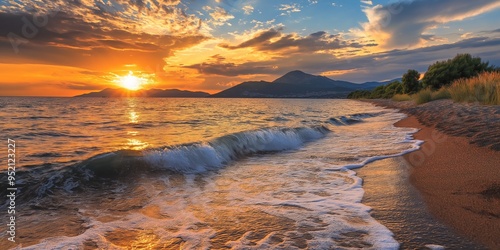 Waves from the ocean crashing against a sandy shore during a picturesque sunset, conveying peace and natural beauty. photo