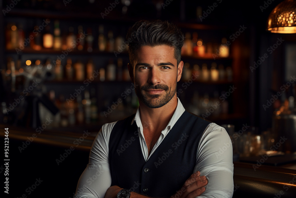 Classic bar pub with professional bartender barkeeper barman, Generative AI illustration photo Classic bar pub with professional bartender barkeeper barman, Generative AI illustration photo