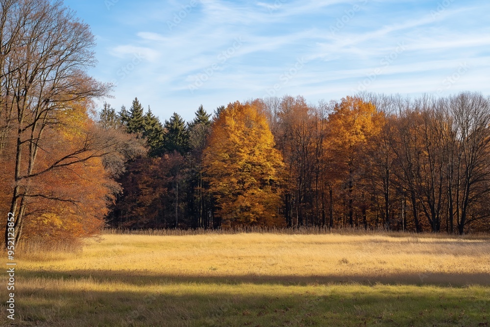 A serene meadow with an array of colorful fall trees in background under a blue sky with sunlight casting shadows. A serene meadow with an array of colorful fall trees in background under a blue sky with sunlight casting shadows.