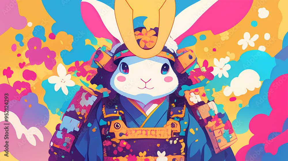 Naklejka premium Cute rabbit wearing Japanese samurai armor, cool poses, cute kawaii, simple, smiling happy. neon psychedelic background