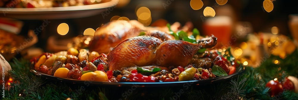 Two beautifully roasted chickens surrounded by colorful vegetables and holiday decorations, creating a festive and inviting scene. Two beautifully roasted chickens surrounded by colorful vegetables and holiday decorations, creating a festive and inviting scene.