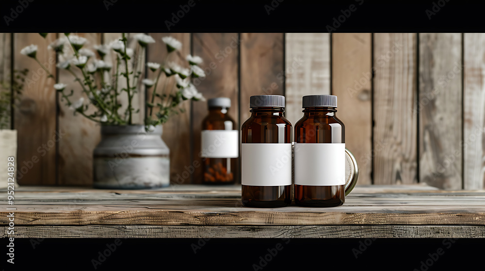 Two amber glass bottles with blank white labels sit on a rustic wooden table with a blurred vase of white flowers in the background. Two amber glass bottles with blank white labels sit on a rustic wooden table with a blurred vase of white flowers in the background.