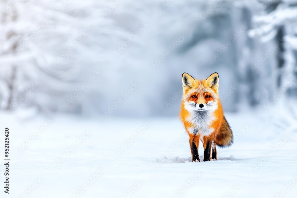 Obraz premium A beautiful fox stands gracefully in a snowy landscape, showcasing its vibrant fur against a serene winter backdrop.
