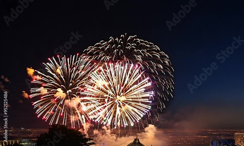 Vibrant fireworks light up the night sky over a city skyline, celebrating a festive occasion with bright, colorful explosions.