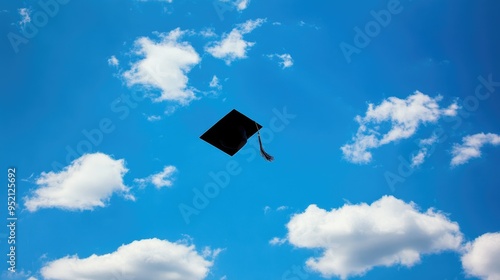 Academic cap floating in a blue sky 