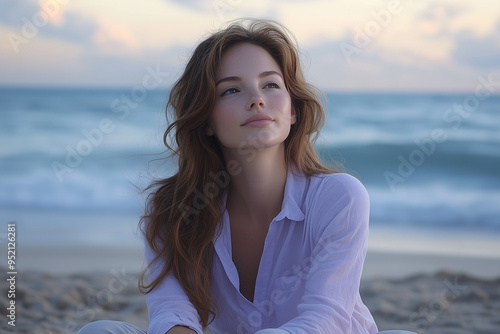 Woman Sitting on a Beach, Reflectively Gazing into the Distance."