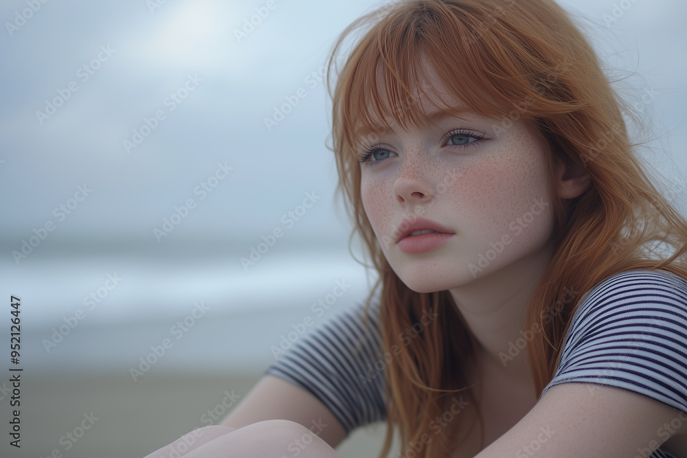 Woman Sitting on a Beach, Reflectively Gazing into the Distance. Woman Sitting on a Beach, Reflectively Gazing into the Distance.