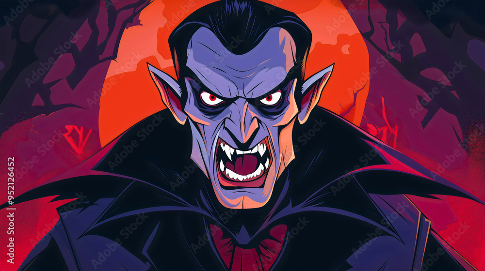 A menacing Dracula with his mouth open, revealing large, frightening fangs, a vampire who feeds on the blood of his victims for Halloween. A menacing Dracula with his mouth open, revealing large, frightening fangs, a vampire who feeds on the blood of his victims for Halloween.