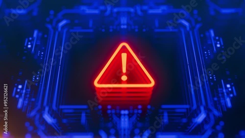Warning icon on a digital LCD display with reflection. Concept of cyber attack, malware, ransomware, data breach, system hacking, virus, spyware, compromised information and urgent attention.