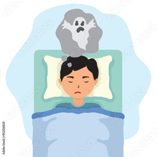 concept illustration of a boy having a nightmare, flat style vector illustration.