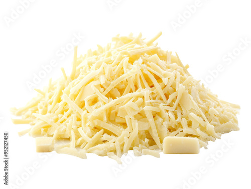 Shredded cheese pile on white surface ready for cooking or baking, transparent