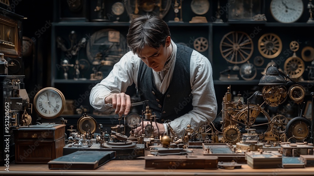 Victorian scientist with a steam-powered laboratory filled with gadgets Victorian scientist with a steam-powered laboratory filled with gadgets