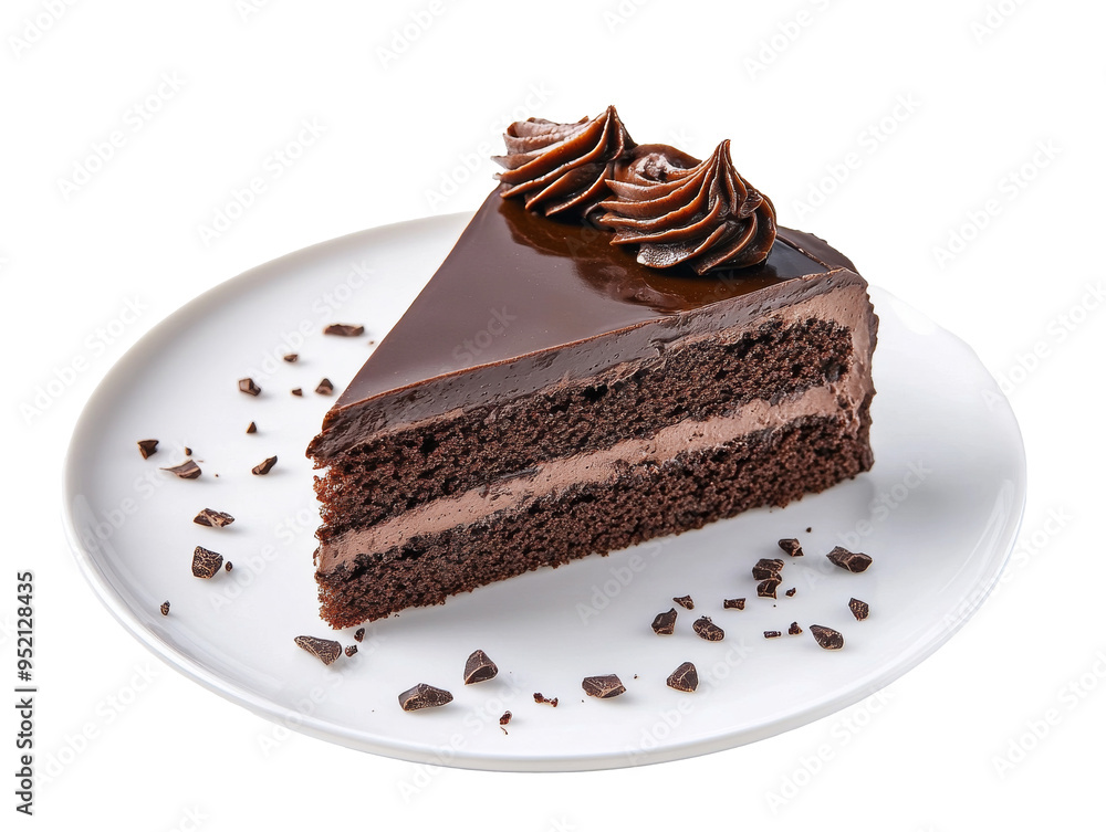 Chocolate cake slice on a white plate with shavings, transparent Chocolate cake slice on a white plate with shavings, transparent